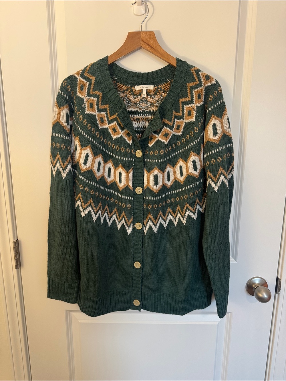 Maurices Green Fair Isle Button-Front Cardigan with Cream and Tan Pattern